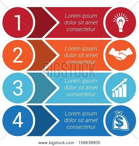 Circles horizontal colorful arrows and strips bars infochart areachart presentation or templates for 4 positions infographics