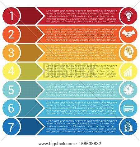 Circles horizontal colorful arrows and strips bars infochart areachart presentation or templates for 7 positions infographics