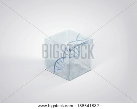 DNA double helix in ice cube. Frozen DNA 3D illustration