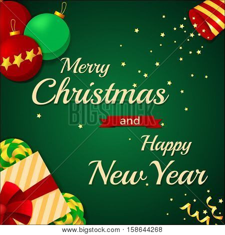Merry Christmas and Happy New Year 2017 greeting card with object and text