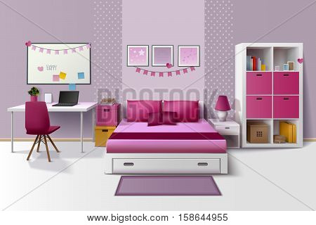 Teen girl room modern interior design with magnetic whiteboard cupboard and bed in pink fuchsia realistic vector illustration