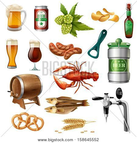 Oktoberfest beer snacks and accessories colorful icons collection with oak barrel lobster and pretzels isolated vector illustration