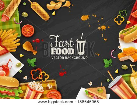 Fastfood restaurant colorful frame black background poster with popcorn mustard saus hotdogs and ice-cream vector illustration