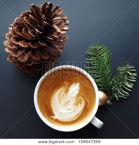 Close up Coffee latte art on black background.