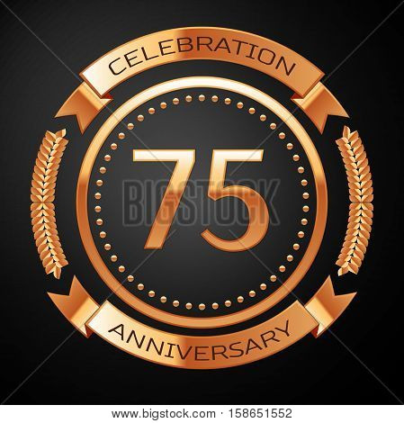 Seventy five years anniversary celebration with golden ring and ribbon.