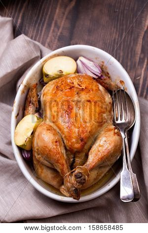 Roasted Chicken On Wooden Table, Top View