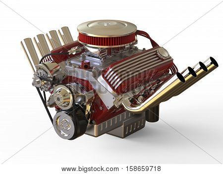 Hot rod V8 Engine Isolated on White. 3D render