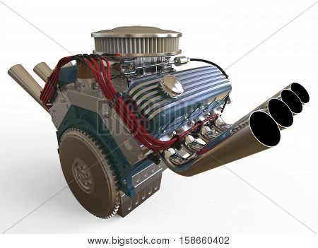 Hot rod V8 Engine Isolated on White. 3D render
