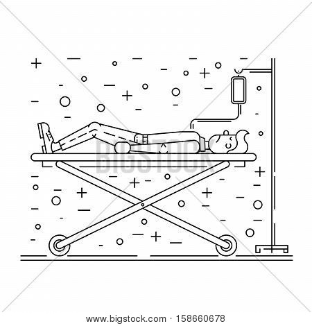 The patient lies in a hospital bed and the gurney he was put on a drip. assistance, treatment of the sick person.