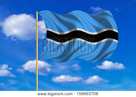 Botswanan national official flag. African patriotic symbol banner element background. Correct colors. Flag of Botswana on flagpole waving in the wind blue sky background. Fabric texture. 3D rendered illustration