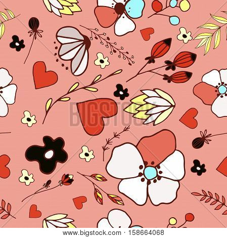 vector siamless pattern with flower, leaves and heart
