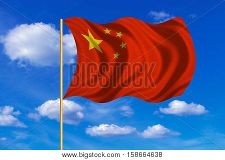 Chinese national flag. Symbol of the People's Republic of China. Patriotic PRC background design. Correct colors. Flag of China on flagpole waving in the wind blue sky background. Fabric texture. 3D rendered illustration