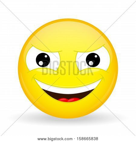 Wickedly grinning emoji. Emotion of gloating. Smirking emoticon. Cartoon style. Vector illustration smile icon.