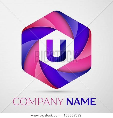 U Letter colorful logo in the hexagonal on grey background. Vector template for your design