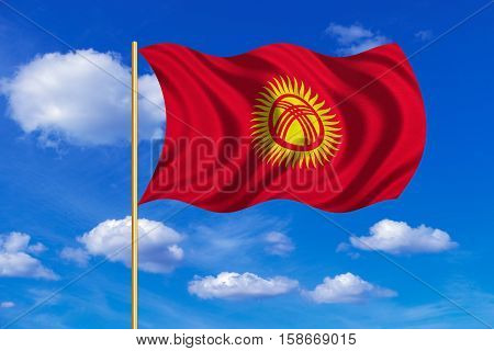 Kyrgyzstani national official flag. Patriotic symbol banner element background. Correct colors. Flag of Kyrgyzstan on flagpole waving in the wind blue sky background. Fabric texture. 3D rendered illustration