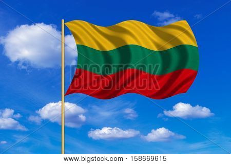 Lithuanian national official flag. Patriotic symbol banner element background. Correct colors. Flag of Lithuania on flagpole waving in the wind blue sky background. Fabric texture. 3D rendered illustration