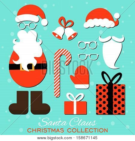 Merry Christmas. Set of various Santa hats moustache beards gifts boots gloves and bells isolated on blue background