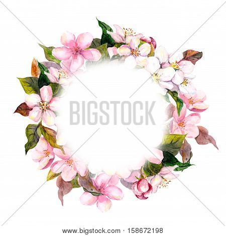 Floral round crown, wreath with pink flowers - apple, cherry blossom for postcard. Aquarelle