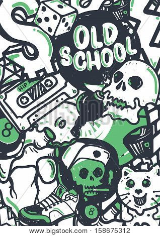 Graffiti vector stuff background sticker poster Colorful Doodle pattern in green black and white color. Used clipping mask for easy editing.