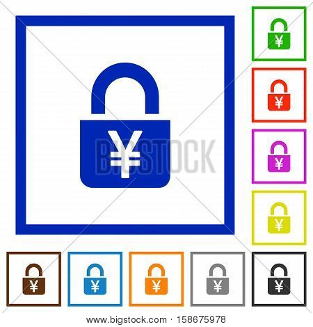 Locked Yens flat color icons in square frames