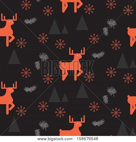 Red deer in a dark woods seamless vector pattern. Scandinavian style background.