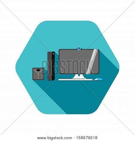 Vector hexagon icon of desktop computer with miditower case monitor webcam keyboard mouse UPS on the turquoise background with shadow.