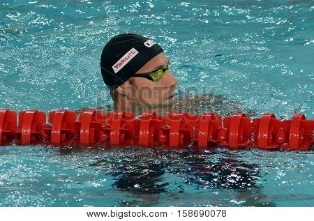 Hong Kong China - Oct 29 2016. South African competitive swimmer SCHOEMAN Roland (RSA) in the finish. FINA Swimming World Cup Preliminary Heats Victoria Park Swimming Pool.