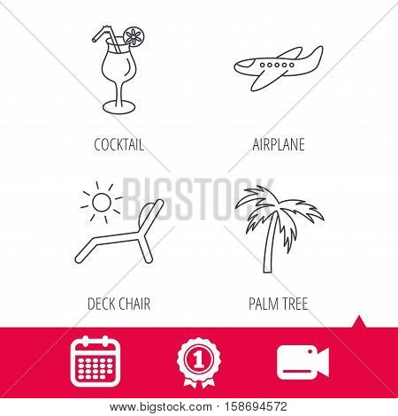 Achievement and video cam signs. Airplane, deck chair and cocktail icons. Palm tree linear sign. Calendar icon. Vector