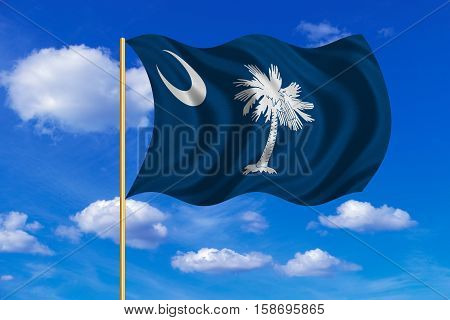 Flag of the US state of South Carolina. American patriotic element. USA banner. United States of America symbol. South Carolinian official flag waving in the wind blue sky background. Fabric texture. 3D rendered illustration