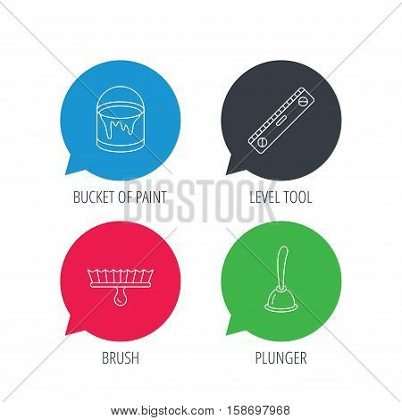 Colored speech bubbles. Level tool, plunger and brush tool icons. Bucket of paint linear sign. Flat web buttons with linear icons. Vector