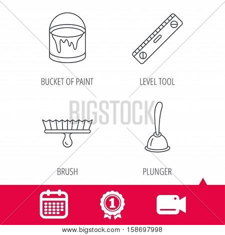 Achievement and video cam signs. Level tool, plunger and brush tool icons. Bucket of paint linear sign. Calendar icon. Vector