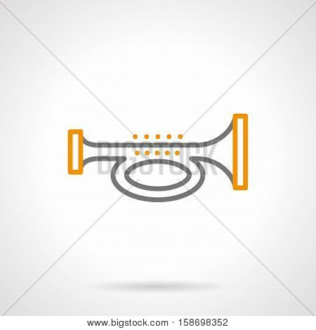 Abstract symbol of signal horn. Alarm sign, image of trumpet or bugle. Brass and woodwind musical instruments. Single gray and yellow simple line design vector icon.