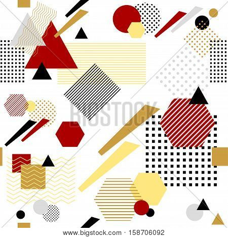 Abstract seamless pattern from geometric form in postmodern Memphis Style white black red beige for wallpaper or package or for clothes for decoration childish school subject or for creative design