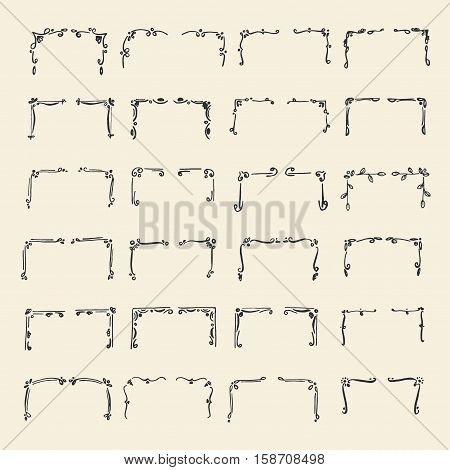 Set hand drawn line border. Vintage vector drawing frames to your template. Illustration with brush and ink. Scribble design element