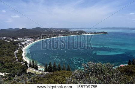 Shoal bay on a sunny day from Mount Tomaree Lookout (Central Coast NSW Australia)