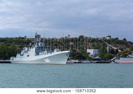 Sevastopol, Russia - June 09, 2016: Newest patrol ship Admiral Grigorovich 745. Warships in Sevastopol naval base Black Sea Fleet. Crimea