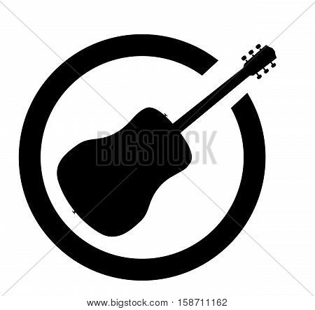 Acoustic guitar as as rubber ink stamp in black isolated over a white background.