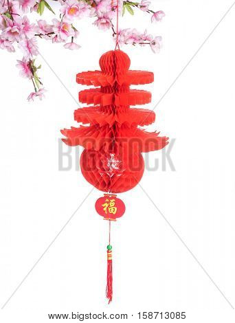 Chinese Lantern on Plum Branch,Isolated on White,lanterm shape like Chinese calligraphy: chun which Translation: spring