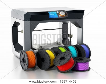 3D printer filaments beside printer isolated on white background. 3D illustration.