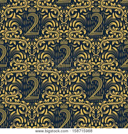 Damask seamless pattern repeating background. Golden blue floral ornament number two and crown in baroque style. Antique golden repeatable wallpaper.