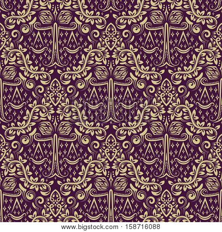 Damask seamless pattern repeating background. Gray purple floral ornament in baroque style. Antique golden repeatable wallpaper