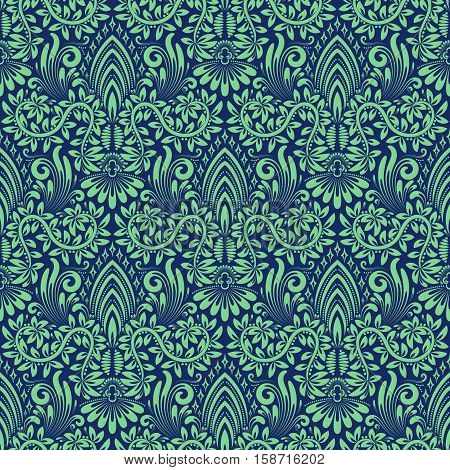 Damask seamless pattern repeating background. Blue green floral ornament in baroque style. Antique repeatable wallpaper