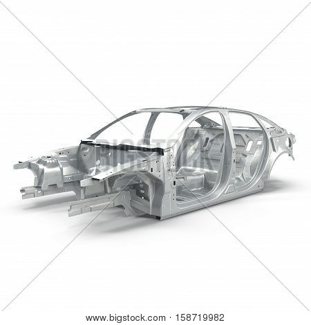 Carcass af a sedan car on white background. 3D illustration
