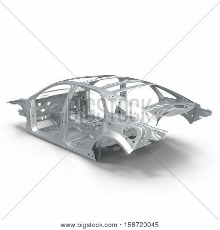 Carcass af a sedan car on white background. 3D illustration