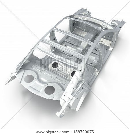 Carcass af a sedan car on white background. Angle from up. 3D illustration
