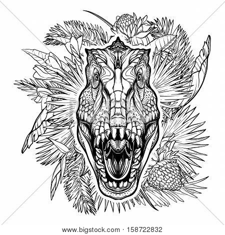 Detailed sketch style drawing of the roaring tirannosaurus rex head on a decoratve bunch of tropical leaves and flowers. Black and white sketch isolated on white background. EPS10 vector illustration.