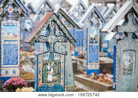 Sapanta Romania - November 17 2016: Image of the graveyard in Sapanta Romania called 