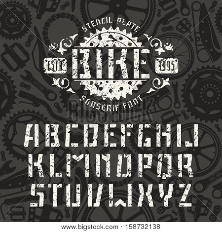 Stencil-plate sanserif font in sport style with shabby texture. White font on black texture background