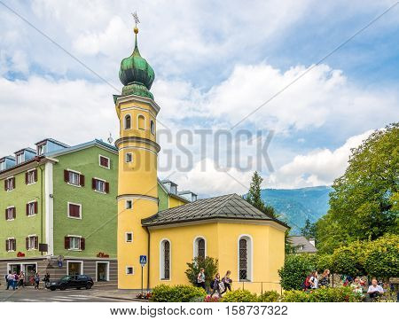 LIENZ,AUSTRIA - SEPTEMBER 15,2016 - View at the church of Saint Antonius in Tyrol city Lienz. Lienz is a medieval town in the Austrian state of Tyrol.