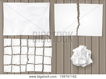 Set creasy and torn sheets of white paper on the background of the old board. Vector graphics